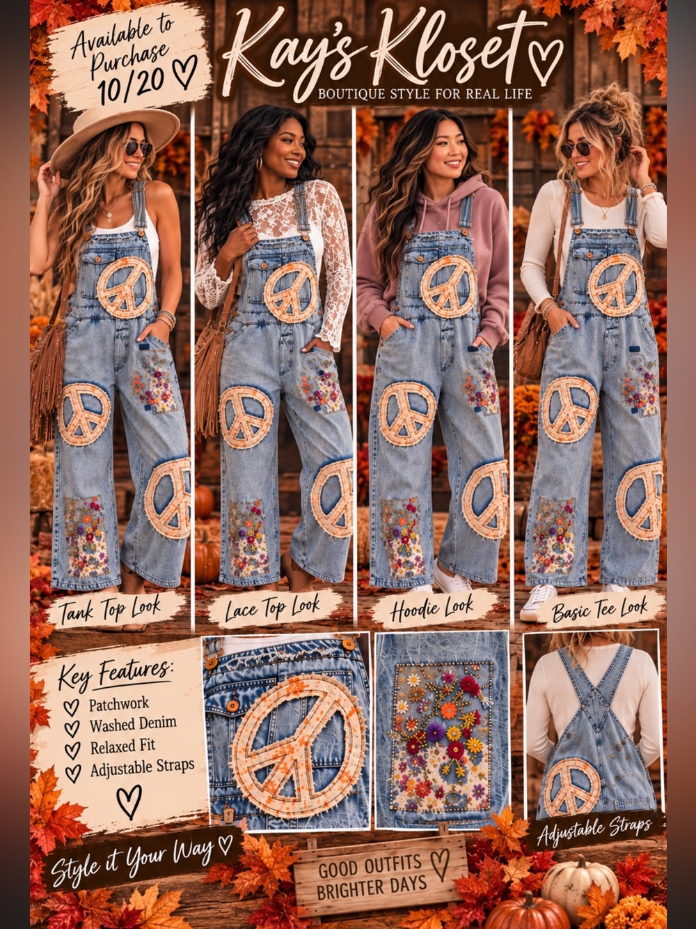 BW92-(ETA 10/20) ☮️💙Washed Denim Patchwork Peace Sign Overalls - Blue
